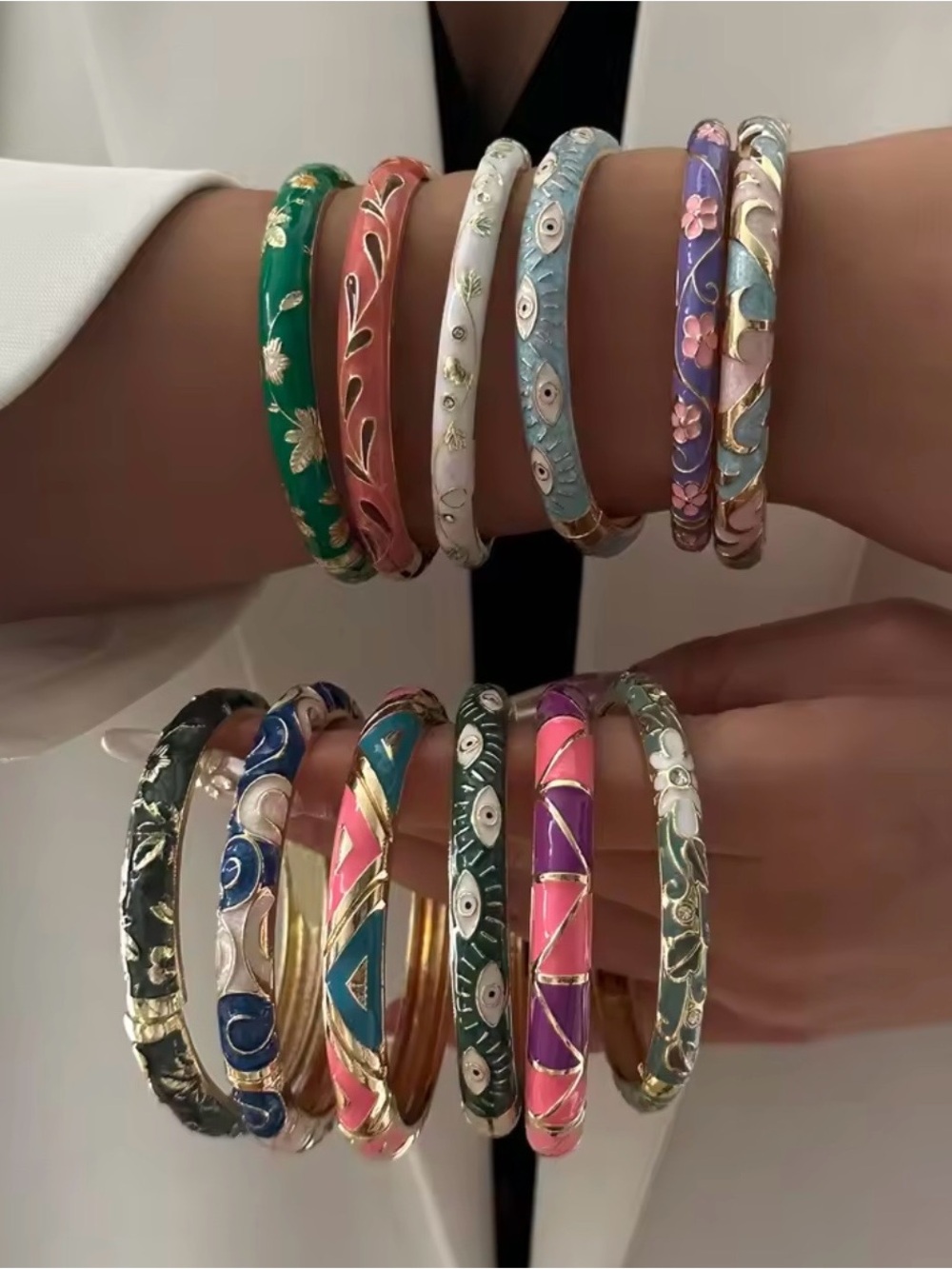 Hand painted Enamel Floral & Patterned Bangle hinge Bracelet
